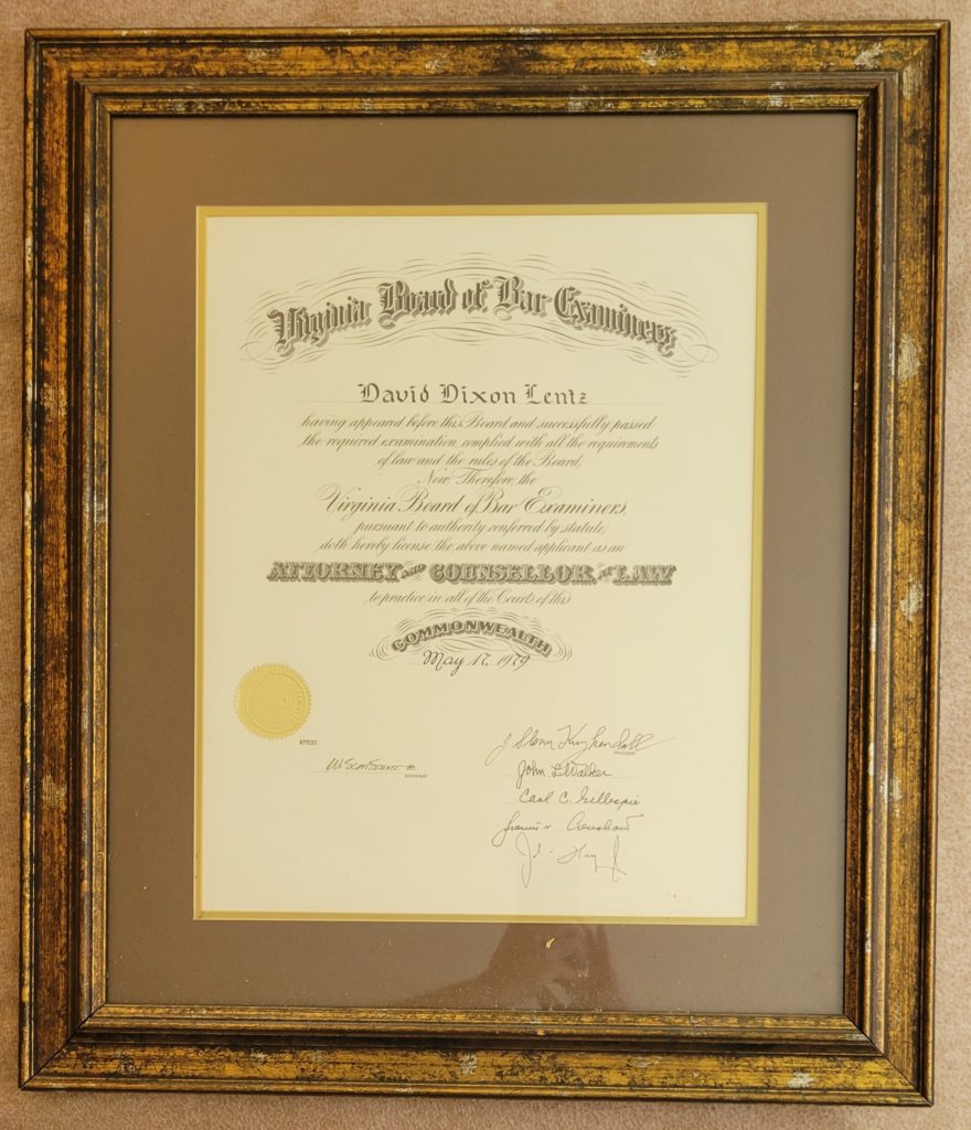 Virginia State Bar Admission Certificate - David D. Lentz, Attorney At Law